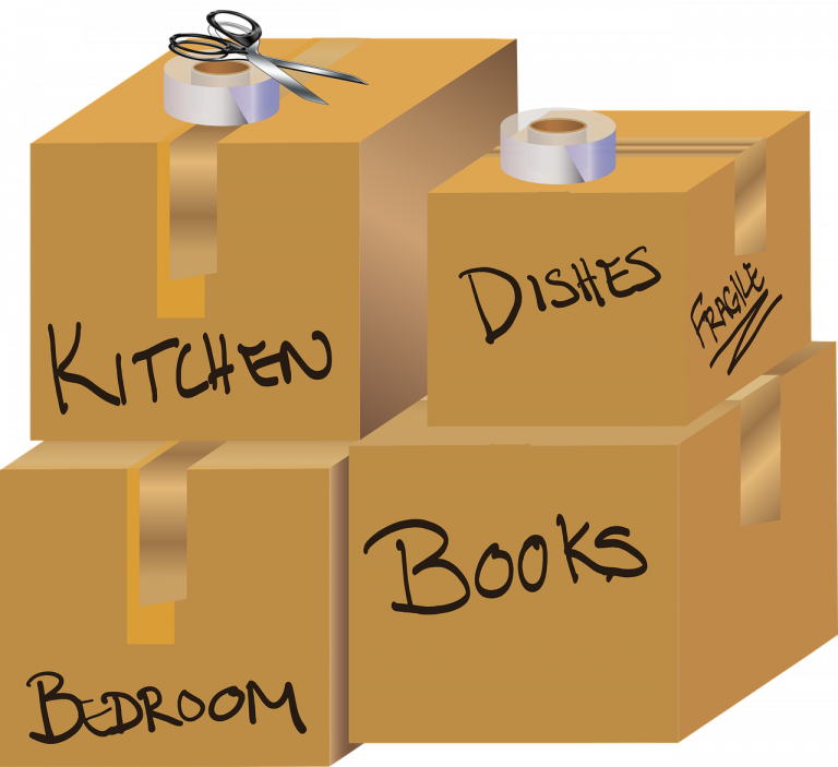 Labeled boxes ready for move