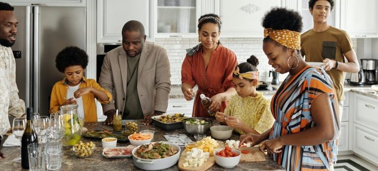 family having breakfast in kitchen