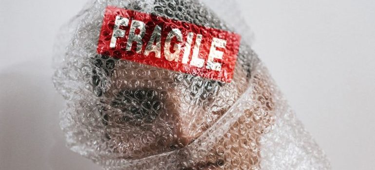 A young man wrapped in bubble wrap with a fragile label on it 