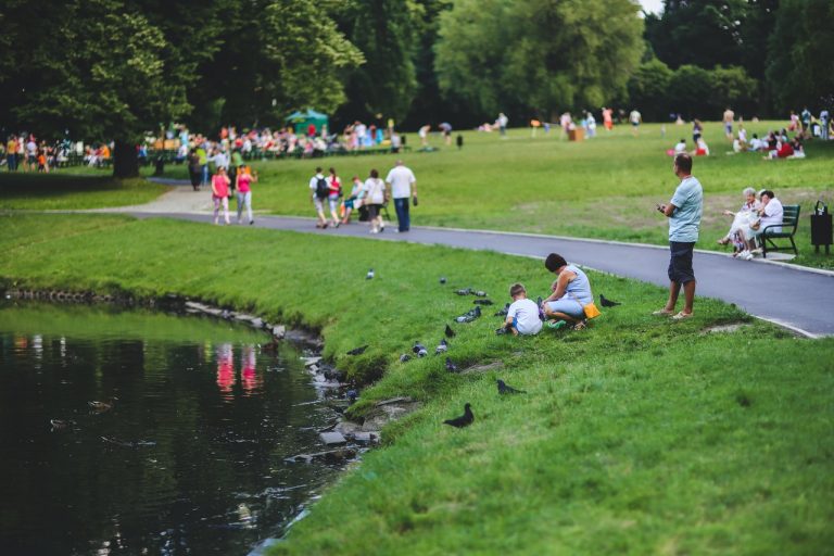 People at the park enjoying themselves by the lake.