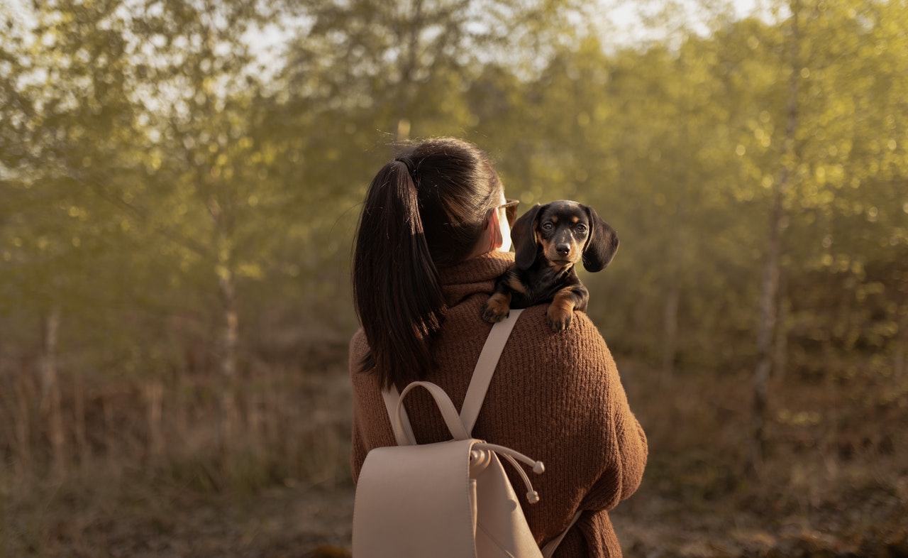 a girl holding a small black dog in her arms while walking