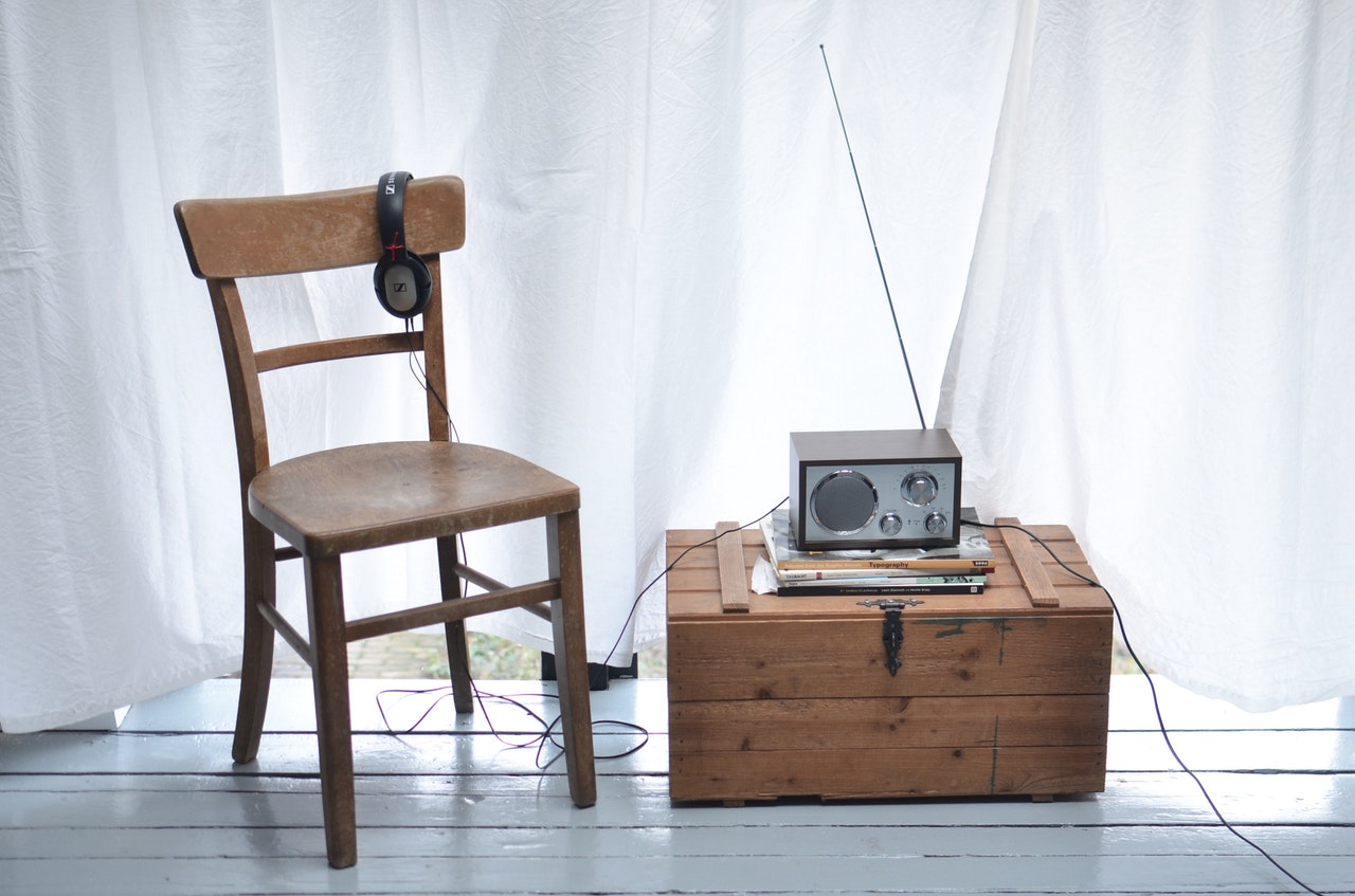 a chair and a radio