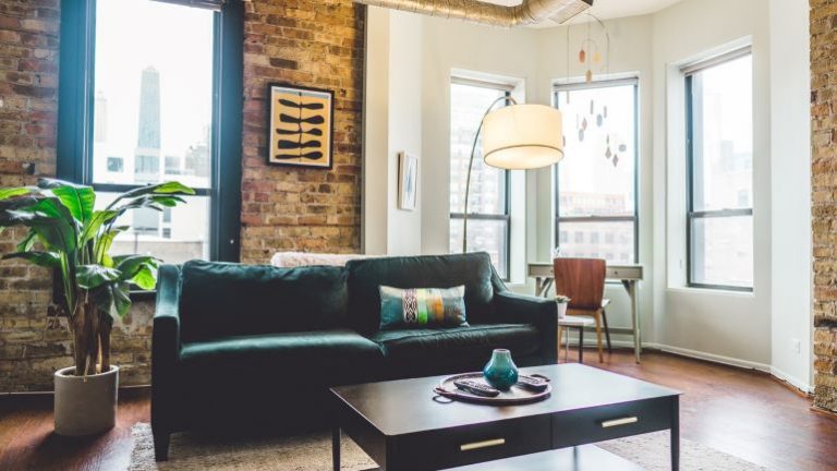 green sofa in living room