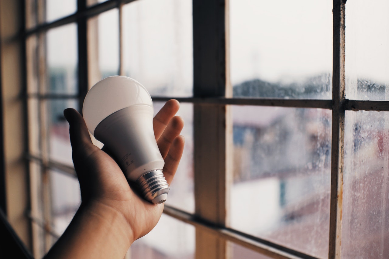 person holding an electric light bulb