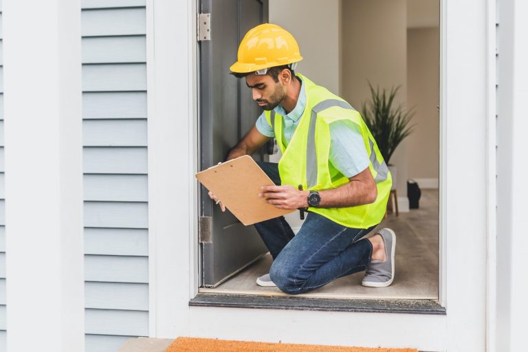 a home inspector checking the structural safety of the home entrance