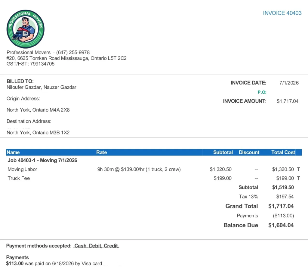 Toronto Moving Costs Appear on an Actual Invoice