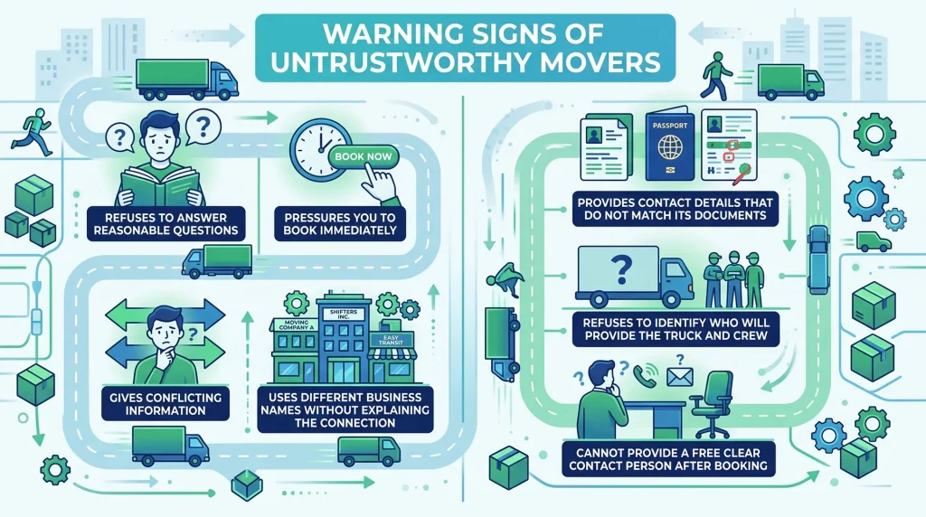 Warning signs such as missed calls, vague answers, changing details, and no clear person taking responsibility for the move.