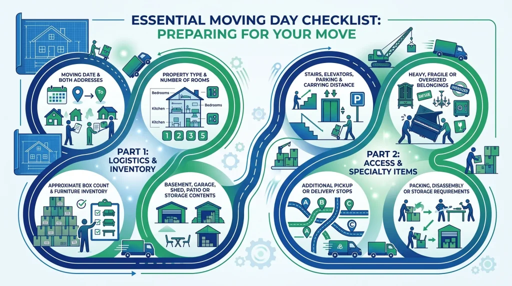 A detailed move summary listing the inventory, property access, moving date, and service needs to share with each moving company.