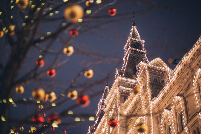 Christmas decoration on building and tree
