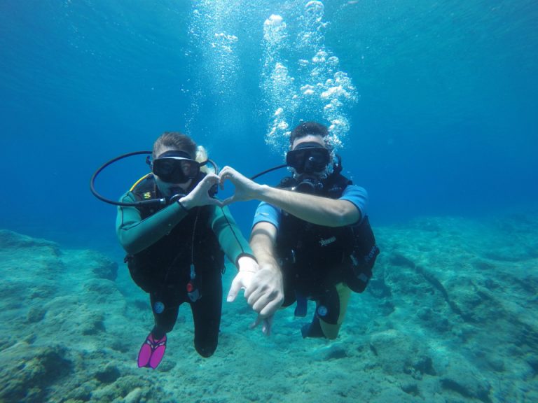 A couple swimming under the water