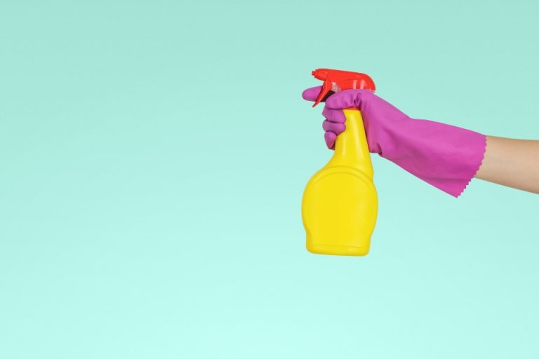 A woman carrying a cleaning product for spring cleaning before or after relocation in Canada