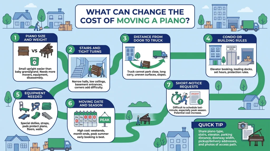 Piano movers checking stairs and access before a Toronto move