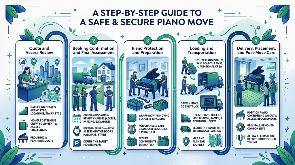 Piano movers preparing a piano before carrying it through a home