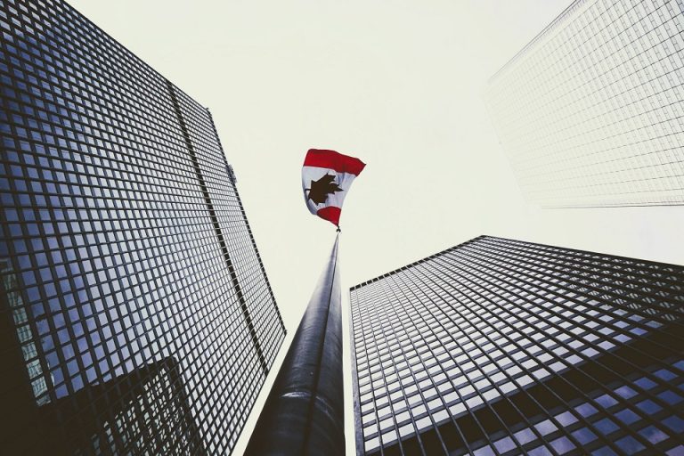 building and a Canadian flag