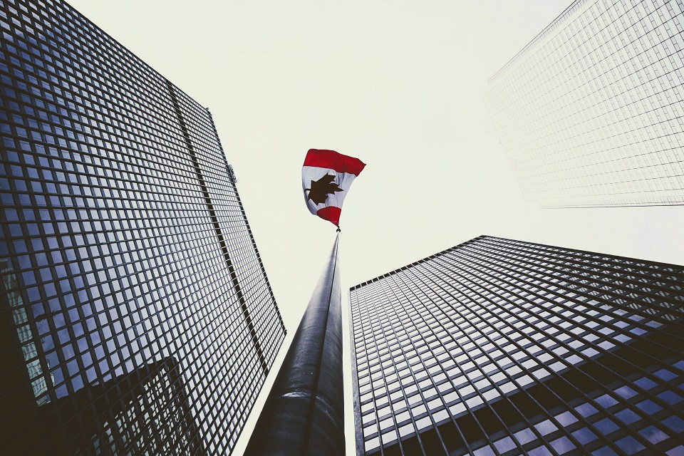 building and a Canadian flag