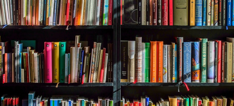books on a shelf of a someone who needs to learn to pack books for relocation to Mississauga