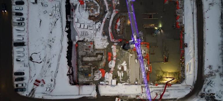 Aerial view of a construction site in winter 