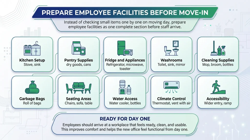 Strategic commercial relocation logistics detailing workspace readiness protocols and how to Prepare Employee Facilities Before Move-In to minimize corporate downtime.
