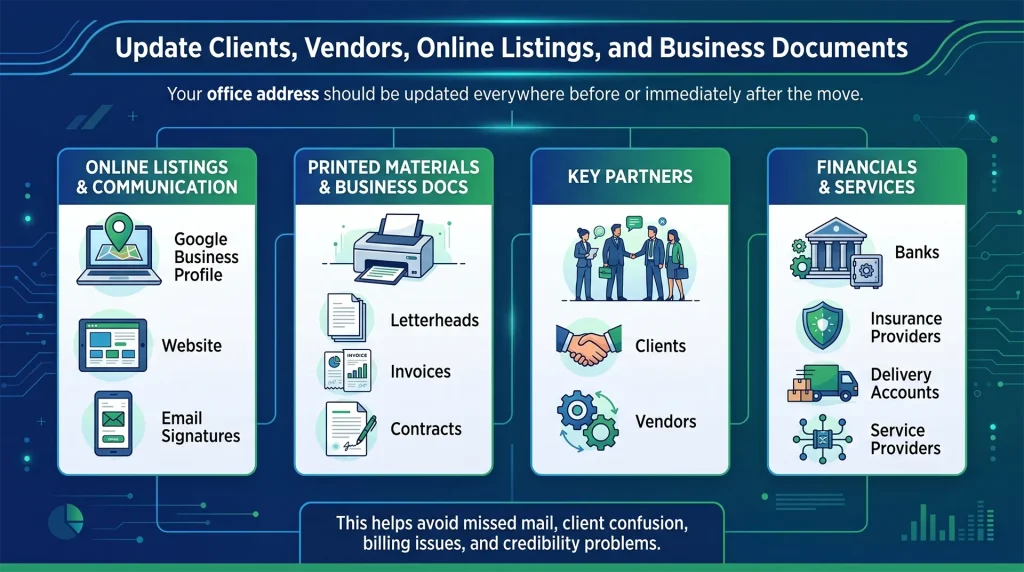 Strategic corporate relocation checklist detailing administrative transition protocols to Update Clients, Vendors, Online Listings, and Business Documents for seamless NAP consistency.