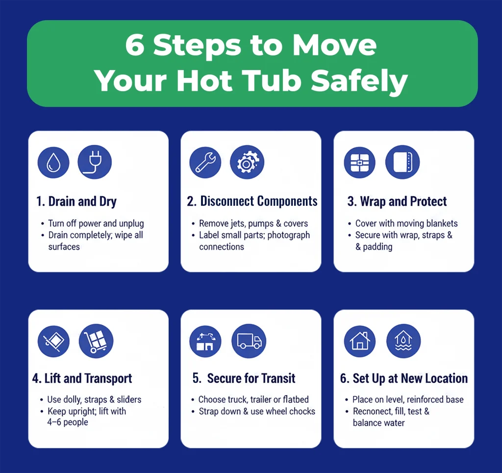 Six-step infographic showing safe hot tub moving process with dolly, straps, and team lift.