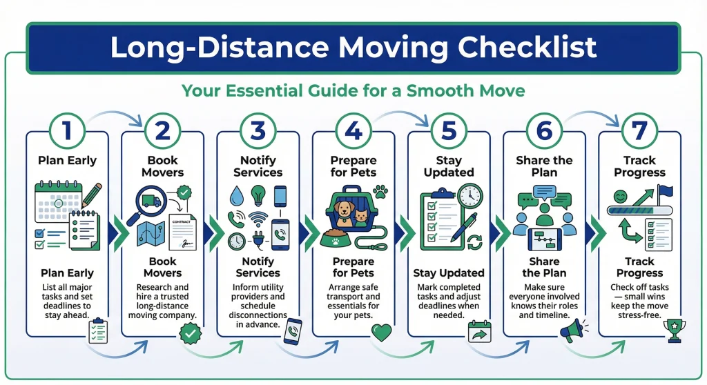 A comprehensive long-distance moving checklist being checked off, with boxes and a moving truck in the background.
