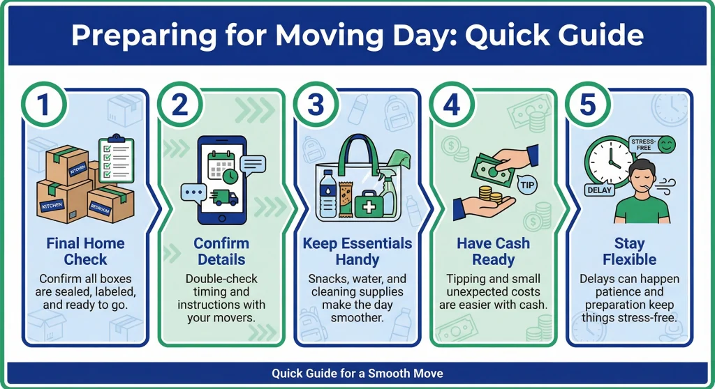 Essential steps for preparing for moving day, showing organized packed boxes and finalizing a moving checklist.