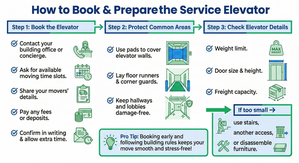 Building management protocols explaining exactly how to book & prepare the service elevator for a move.