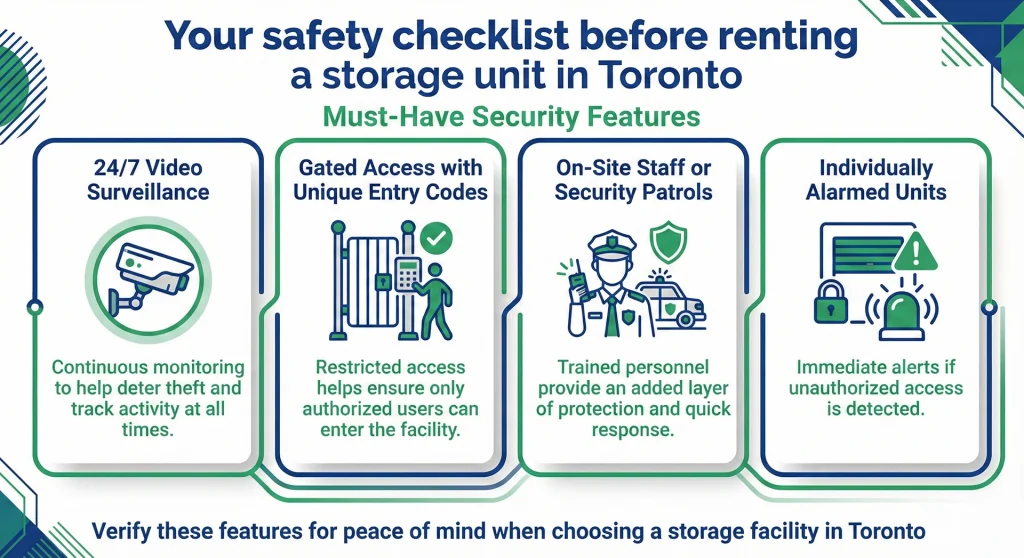 Key security verification steps and facility inspection points required for a complete safety checklist before renting a storage unit in Toronto.