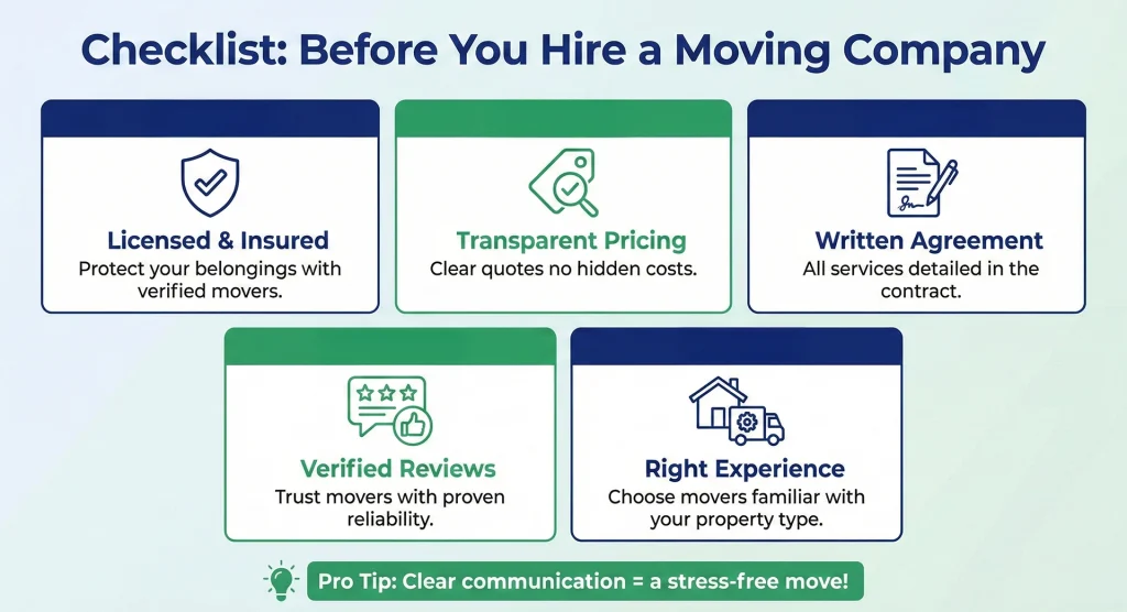 Clipboard displaying vetting questions and verification steps as part of the essential Checklist Before You Hire a Moving Company.