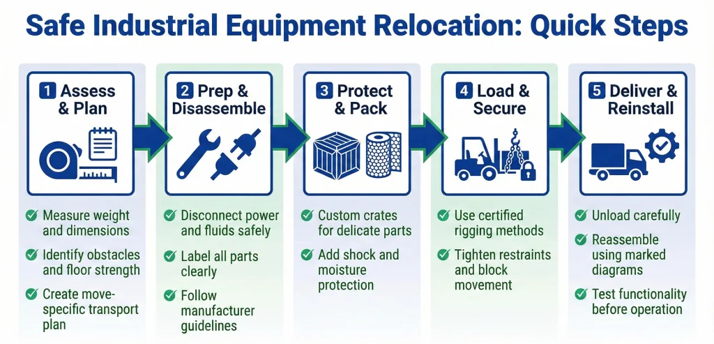 Operational workflow chart and safety checklist outlining the Safe Industrial Equipment Relocation Quick Steps for factory moves.
