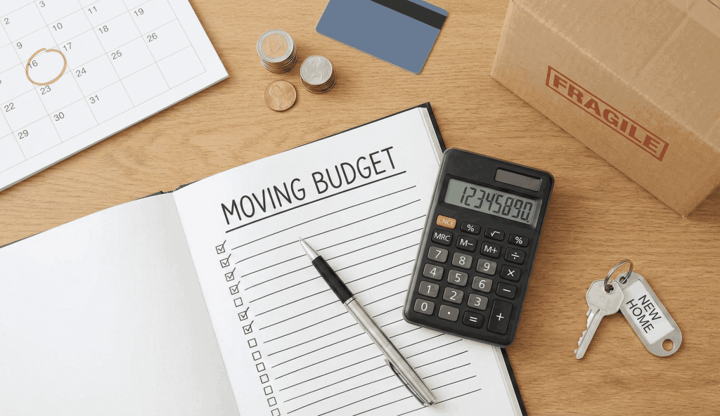 Organizational tools including a calculator and budget checklist demonstrating the essential steps required to before you move plan the financial side properly and manage relocation costs.