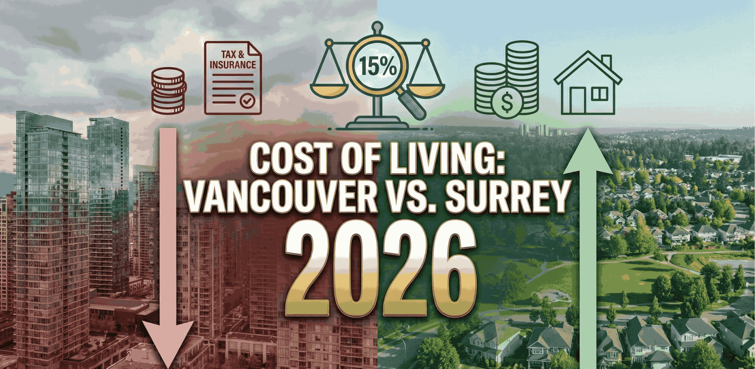 Comprehensive financial analysis chart comparing housing, tax, and utility trends to illustrate the Cost of living Vancouver vs Surrey 2026.