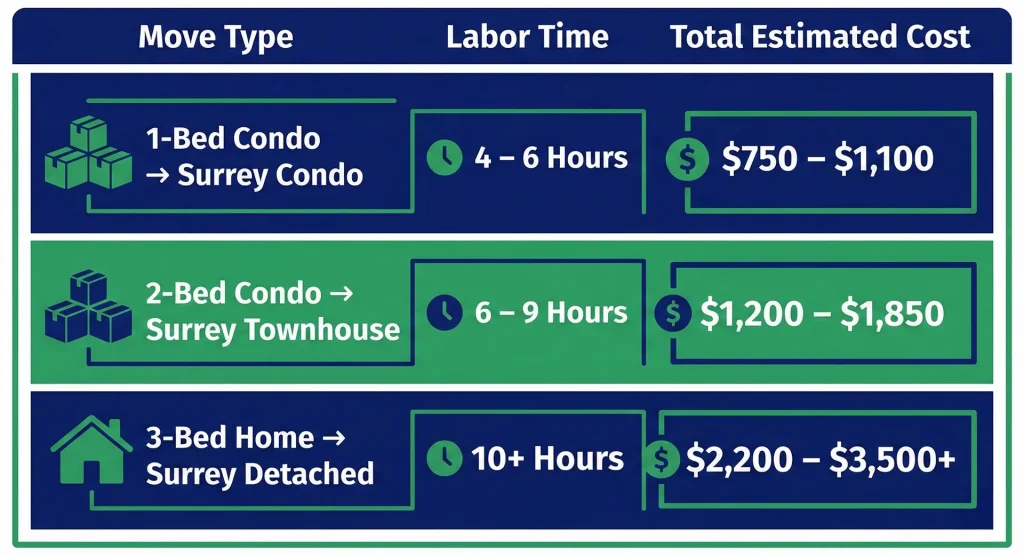 Detailed price breakdown chart illustrating how much do movers cost from Vancouver to Surrey based on apartment size, travel time, and hourly labour rates.