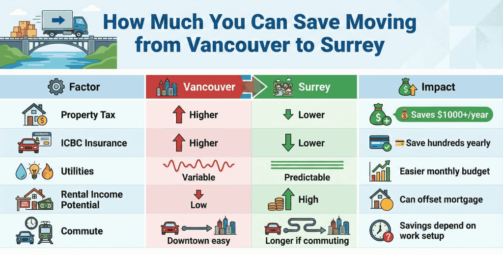 Detailed cost comparison infographic illustrating the major living expense differences and analyzing exactly How Much You Can Save Moving from Vancouver to Surrey.