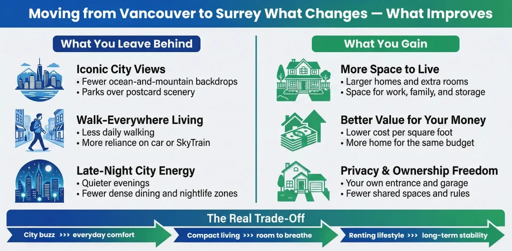 Lifestyle comparison chart highlighting moving from Vancouver to Surrey what changes what improves regarding daily commute and housing space.