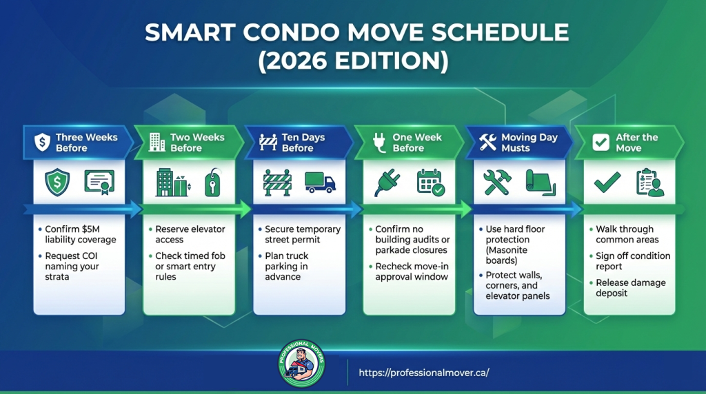 A comprehensive step-by-step timeline and organizational guide featuring The 2026 Condo Moving Checklist to help residents manage strata approvals and packing efficiently.