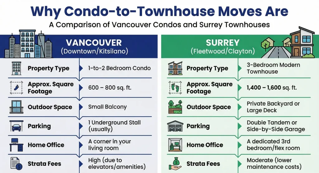 Visual breakdown of real estate trends showing why condo-to-townhouse moves are increasing in 2026 due to remote work needs and family upsizing.