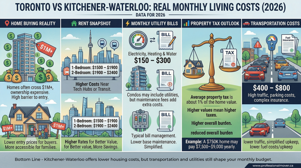 A comprehensive financial breakdown analyzing the cost of living in Kitchener-Waterloo vs Toronto in 2026, helping relocating families budget accurately for housing and daily expenses.