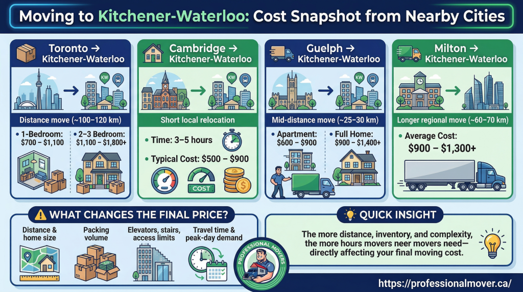 A detailed geographical breakdown outlining the average moving cost to Kitchener-Waterloo from nearby cities to help families budget accurately for their regional relocation.