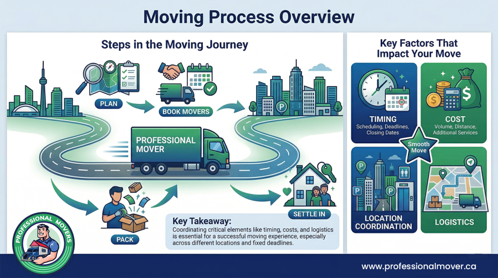 A step-by-step moving process overview illustrating the complete timeline from initial packing and loading to secure transit and final residential delivery.