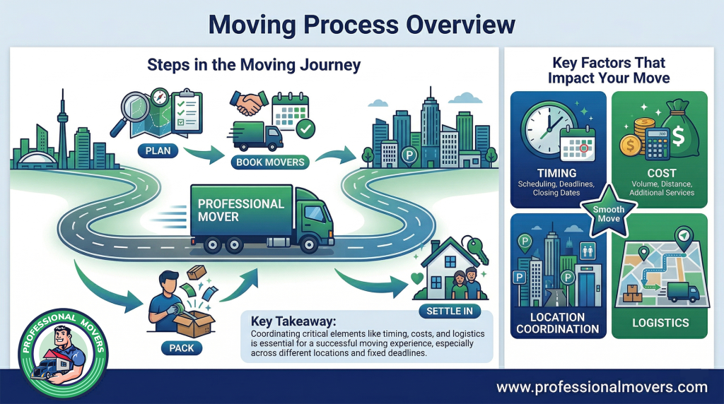 A step-by-step moving process overview illustrating the complete timeline from initial packing and loading to secure transit and final residential delivery.