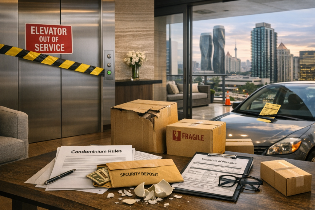 Strategic logistics overview resolving common condo moving problems in Mississauga through proper elevator booking and loading dock coordination for local high-rise relocations.