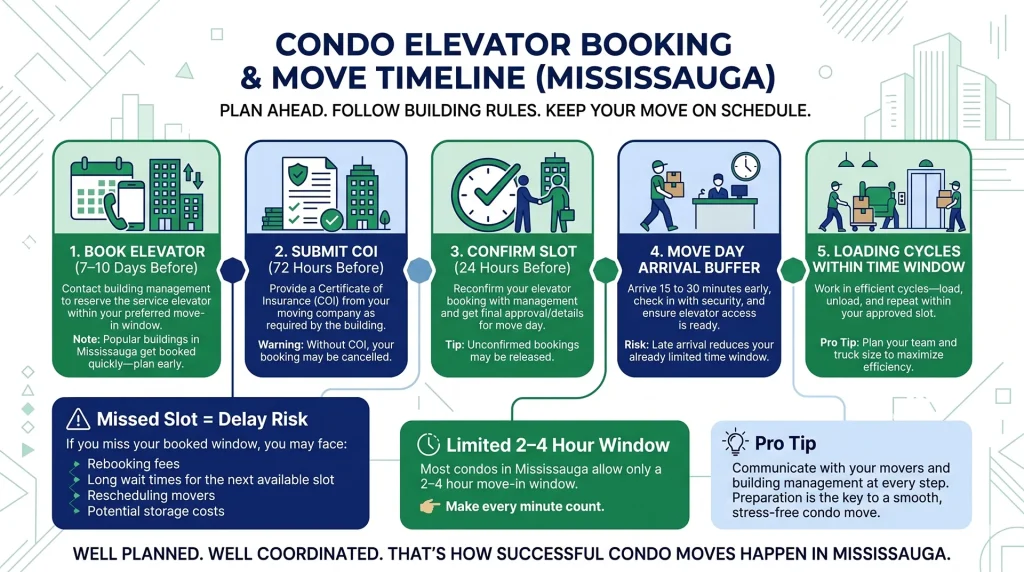 Strategic property management logistics outlining a precise condo elevator booking and move timeline to ensure seamless high-rise relocation and secure loading dock coordination.