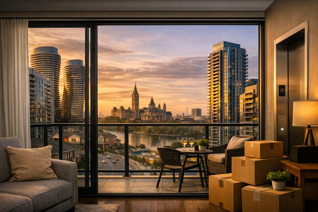 Strategic high-rise relocation logistics demonstrating why condo moving in Mississauga is more complex than a house move due to strict property management rules and elevator booking constraints.