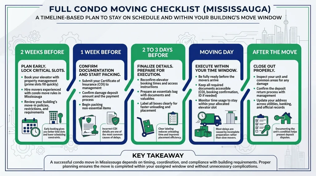 Comprehensive high-rise relocation planning guide and full condo moving checklist (Mississauga) detailing essential property management compliance and move-day logistics for a seamless transition.