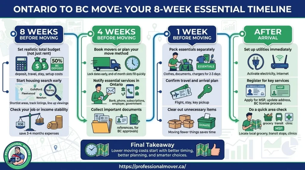 Comprehensive full moving checklist Ontario to Surrey BC detailing inter-provincial relocation logistics and packing timelines.