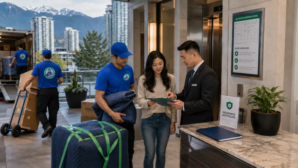 Strategic property management checklist outlining condo rules, elevator bookings, and insurance requirements in Burnaby for compliant residential moving and seamless strata relocations.
