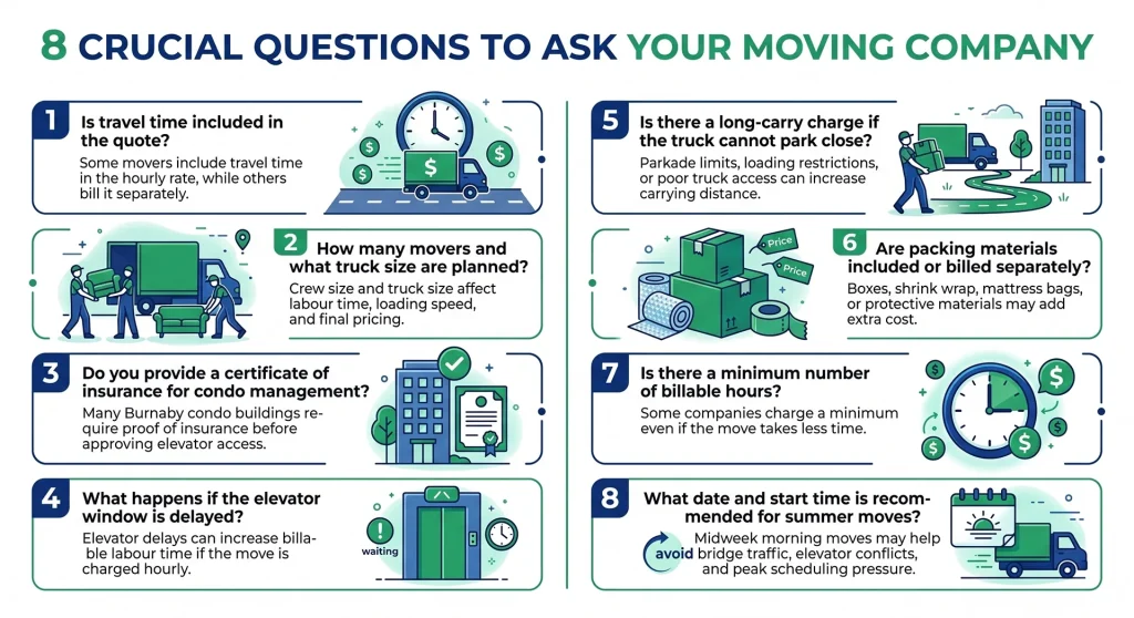 Strategic vetting checklist detailing essential company inquiries and questions to ask before booking Richmond-to-Burnaby movers for transparent local relocation estimates and safe transit.
