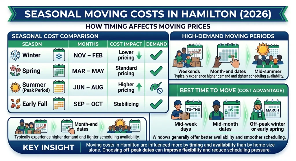 Strategic landscape formatted real photography asset detailing peak season rates and the seasonal moving cost in Hamilton through accurate local transit logistics and off peak relocation budgeting.