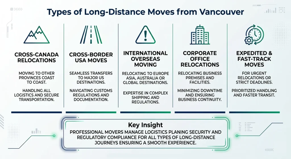 Strategic logistics breakdown detailing the various types of long-distance moves from Vancouver including cross-provincial residential relocations and corporate transit solutions.
